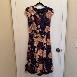 Floral Midi Dress - Navy and Pink - Belted XL NWOT